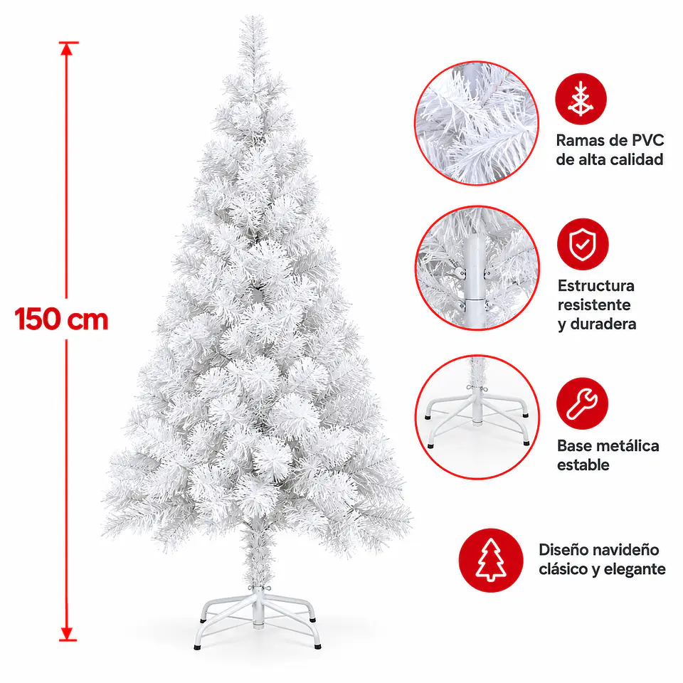 Árbol de Navidad blanco 150 cm con ramas de PVC y base metálica 5