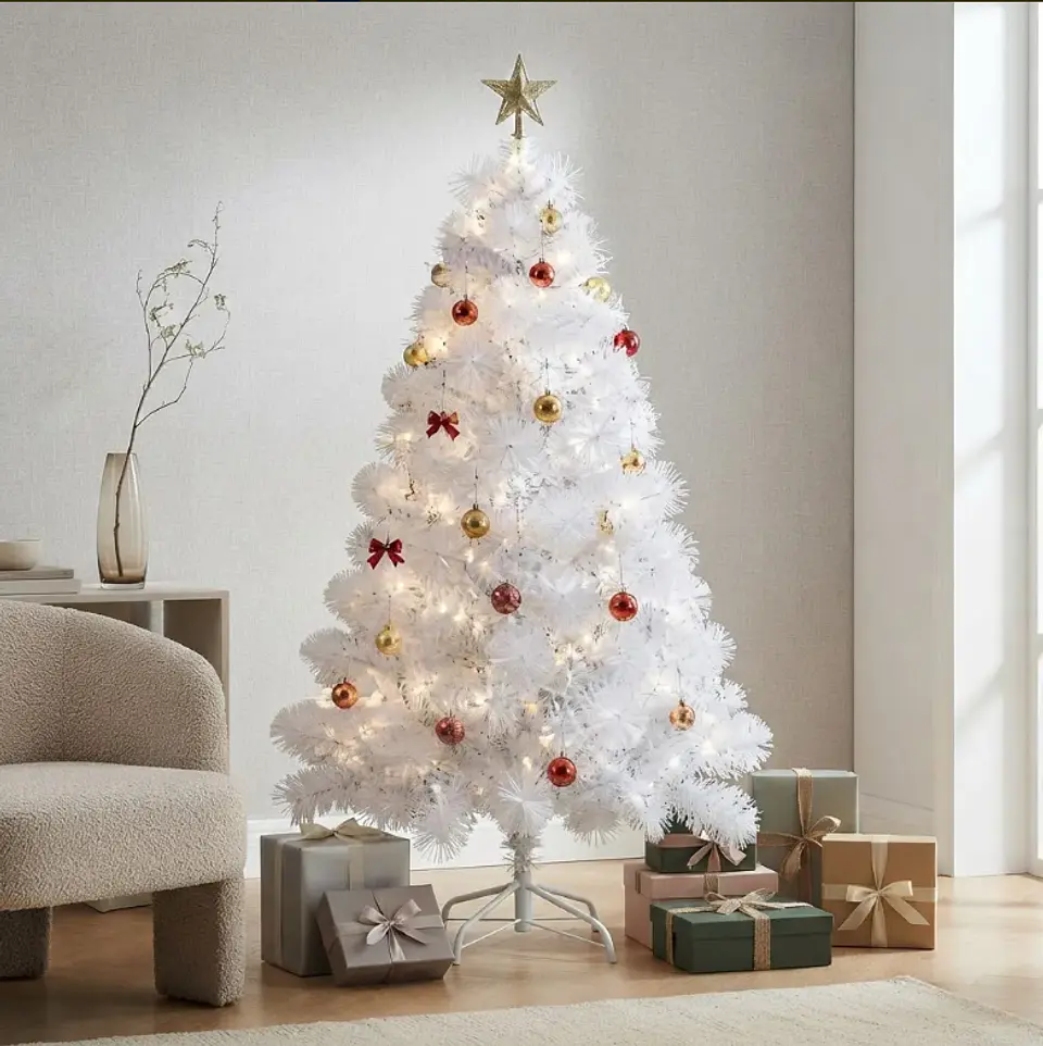 Árbol de Navidad blanco 150 cm con ramas de PVC y base metálica 6