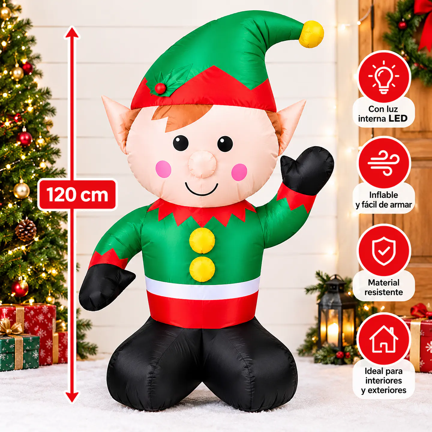 Elfo Inflable Navideño Verde y Rojo de 120cm 4