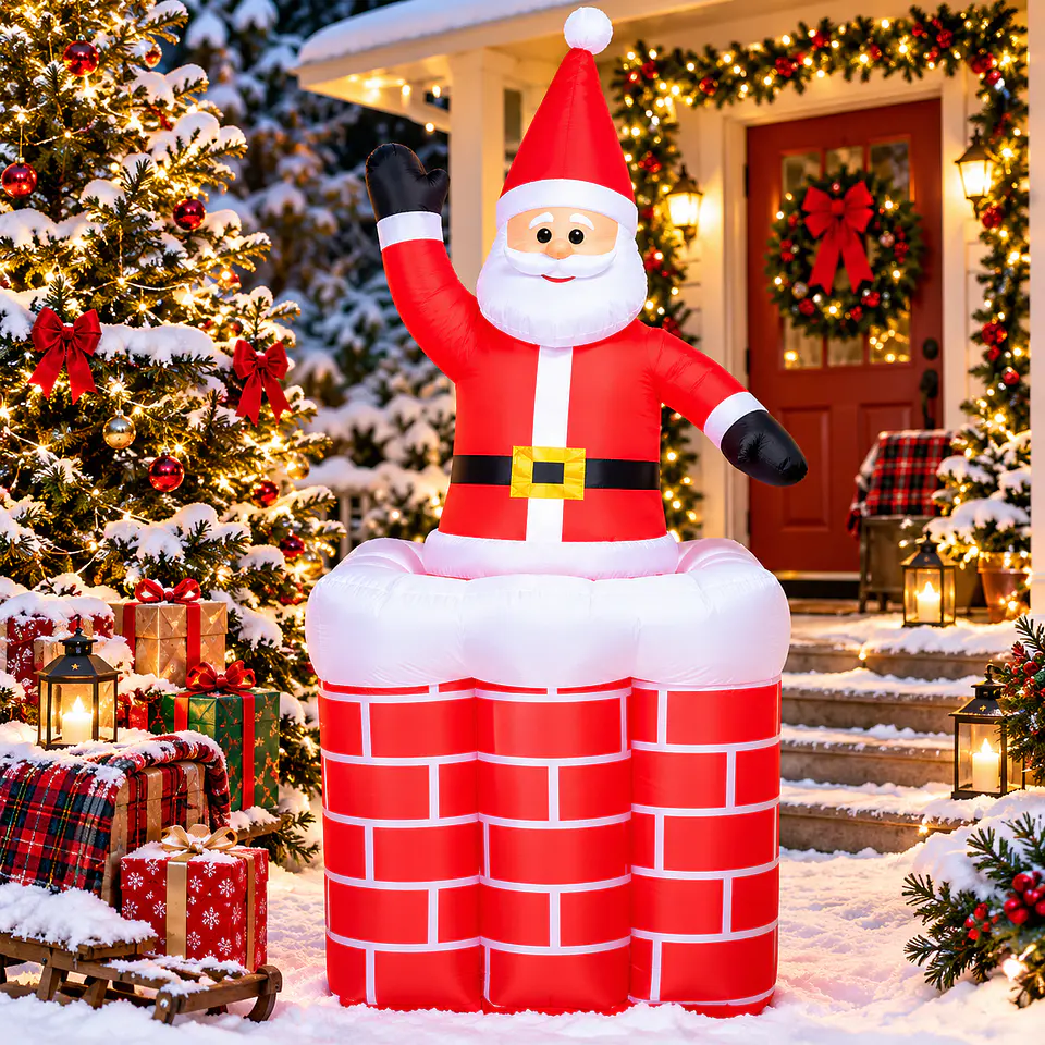 Papá Noel en Chimenea con Movimiento Vertical, Inflable Eléctrico con Luces 180cm 1