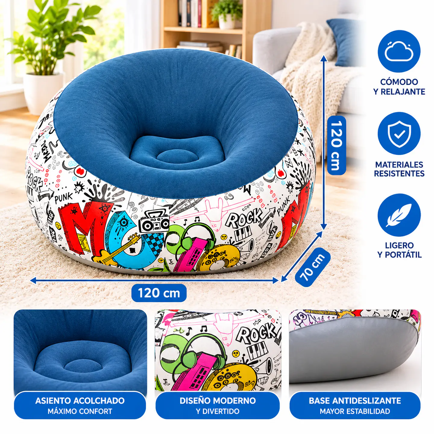 Sillón Inflable Puff Premium Con Diseño Rock Graffiti Cómodo 2