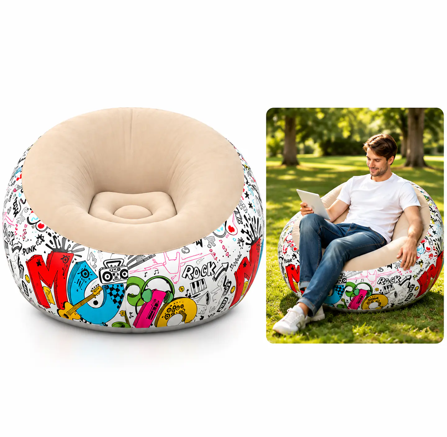 Sillón Inflable Puff Premium Con Diseño Rock Graffiti Cómodo 5