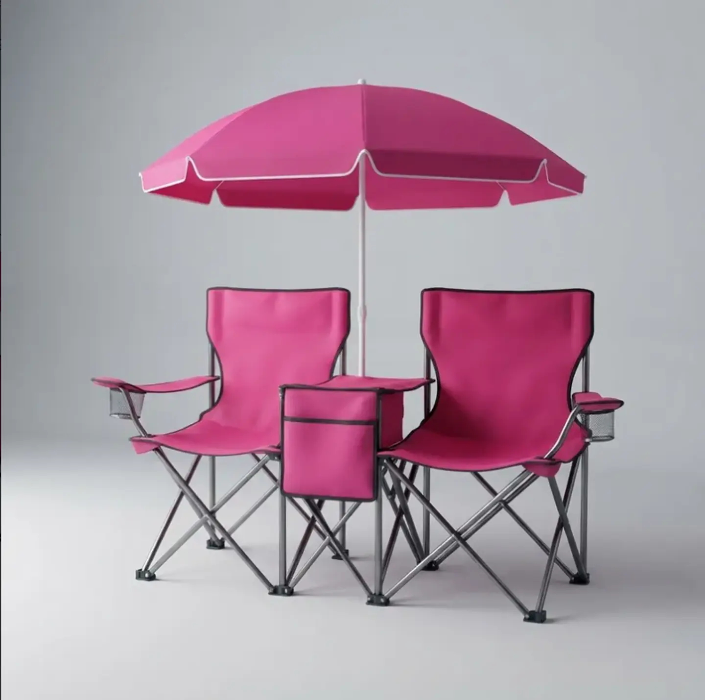 Set de 2 Sillas Plegables de Camping con Sombrilla y Mesa Cooler Rosada 1