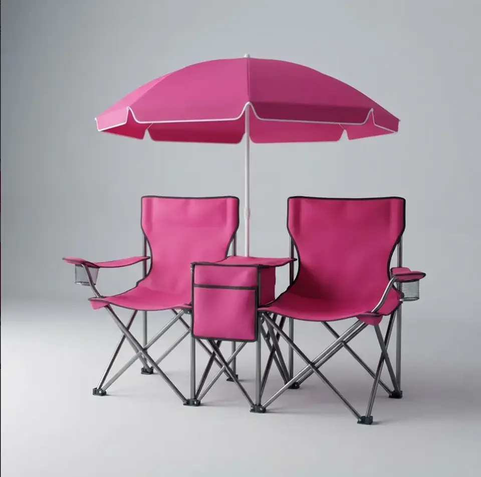 Set de 2 Sillas Plegables de Camping con Sombrilla y Mesa Cooler Rosada 1