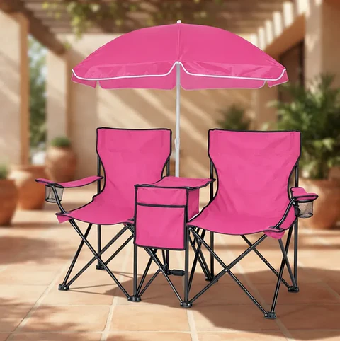 Set de 2 Sillas Plegables de Camping con Sombrilla y Mesa Cooler Rosada