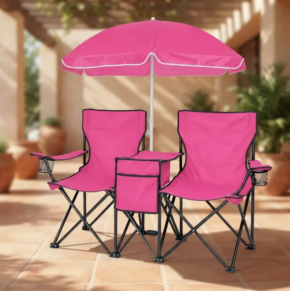 Set de 2 Sillas Plegables de Camping con Sombrilla y Mesa Cooler Rosada 2