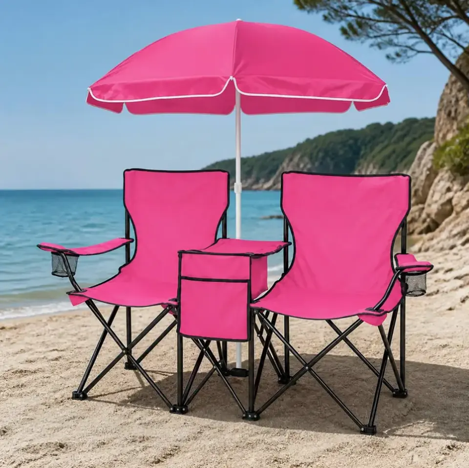 Set de 2 Sillas Plegables de Camping con Sombrilla y Mesa Cooler Rosada 3