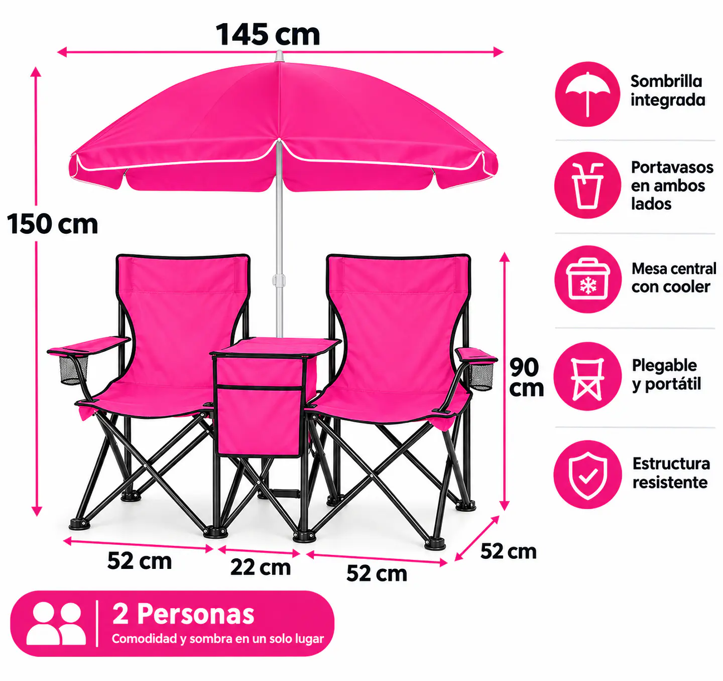 Set de 2 Sillas Plegables de Camping con Sombrilla y Mesa Cooler Rosada 4