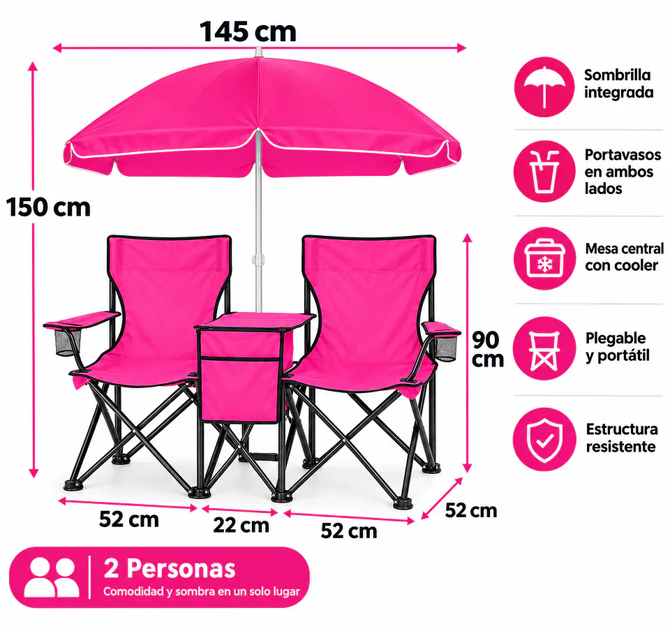 Set de 2 Sillas Plegables de Camping con Sombrilla y Mesa Cooler Rosada 4