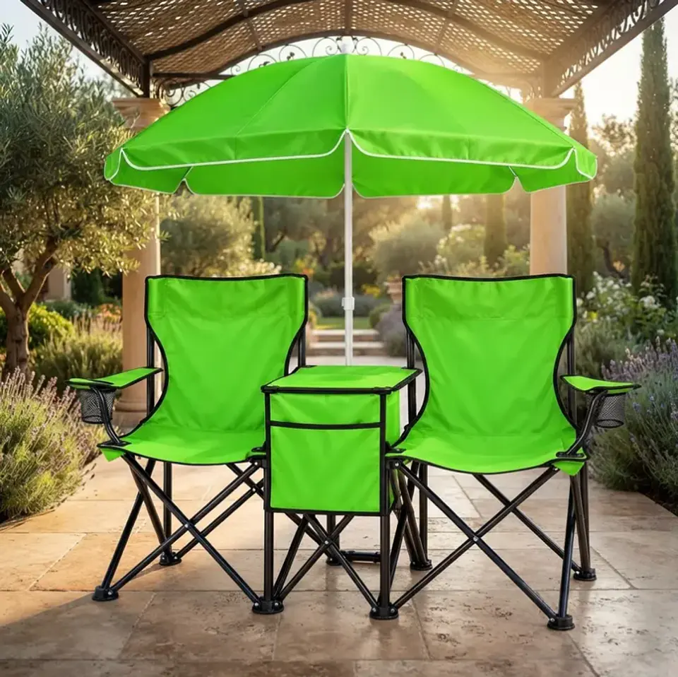 Set de 2 Sillas Plegables Verdes con Sombrilla y Cooler 2