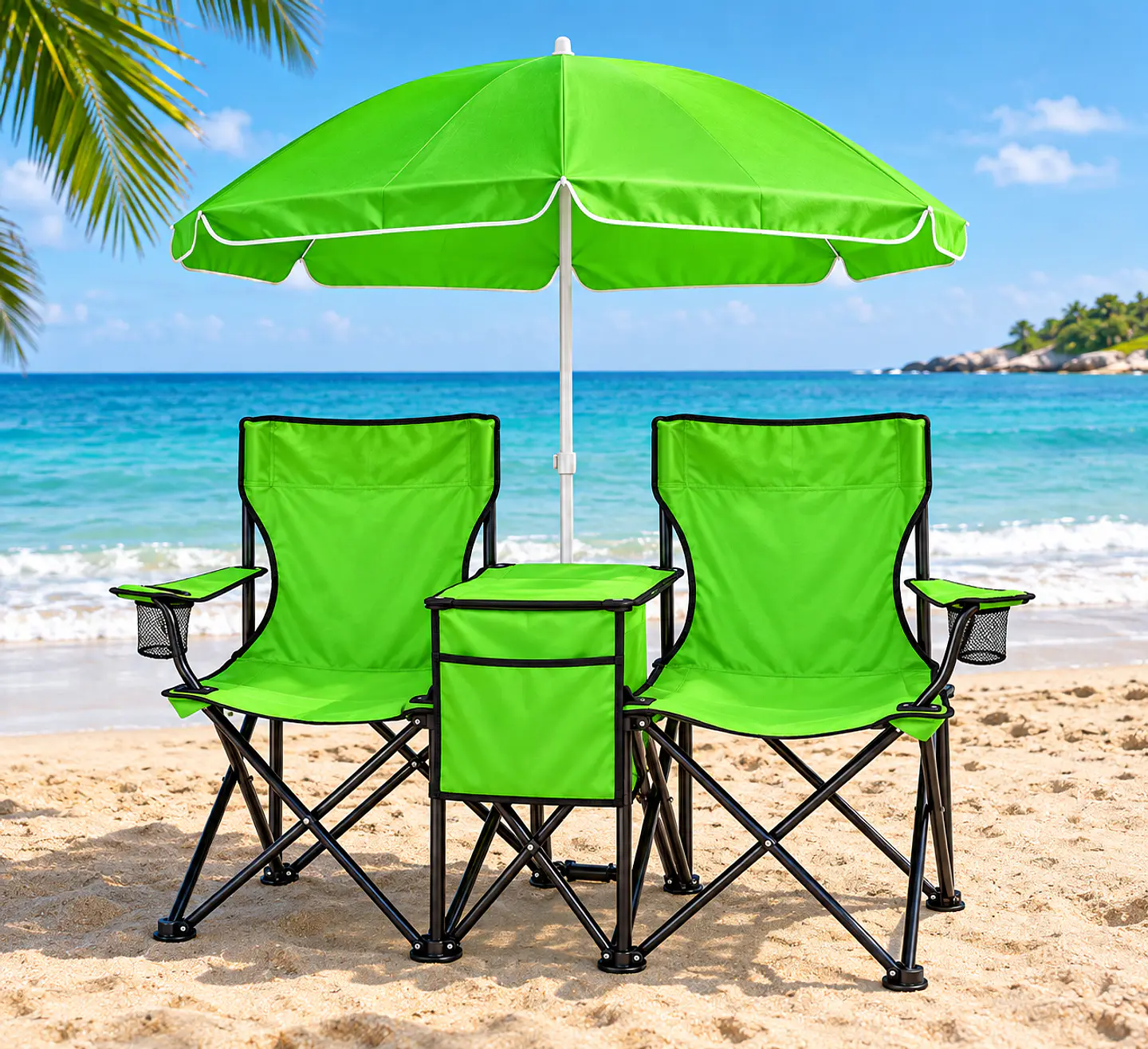 Set de 2 Sillas Plegables Verdes con Sombrilla y Cooler 3