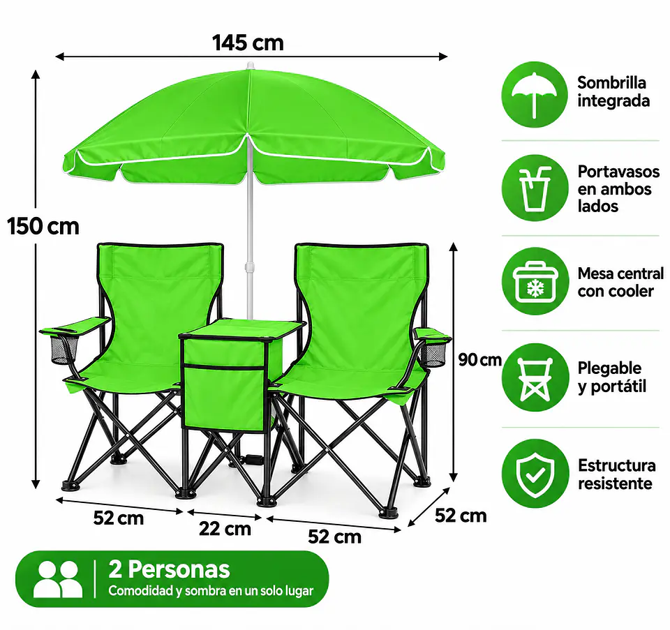Set de 2 Sillas Plegables Verdes con Sombrilla y Cooler 4