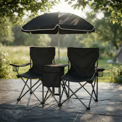 Set de 2 sillas plegables de camping negras con sombrilla y mesa