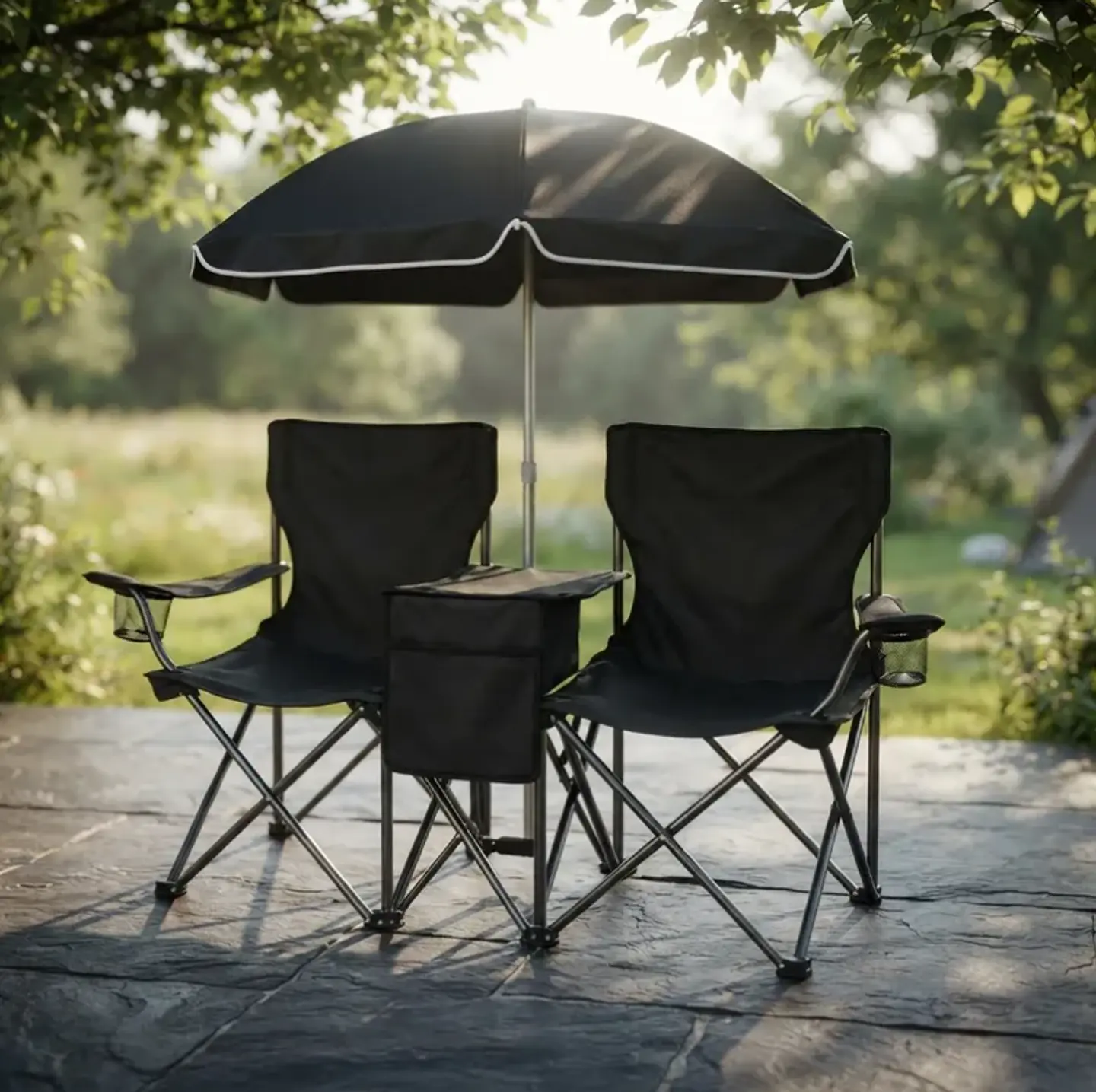 Set de 2 sillas plegables de camping negras con sombrilla y mesa 1