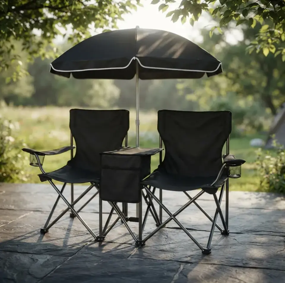 Set de 2 sillas plegables de camping negras con sombrilla y mesa 1