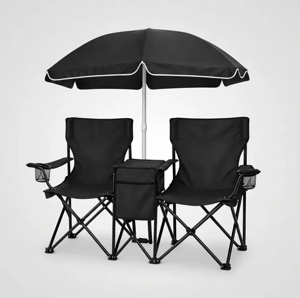 Set de 2 sillas plegables de camping negras con sombrilla y mesa 6