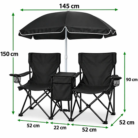 Set de 2 sillas plegables de camping negras con sombrilla y mesa