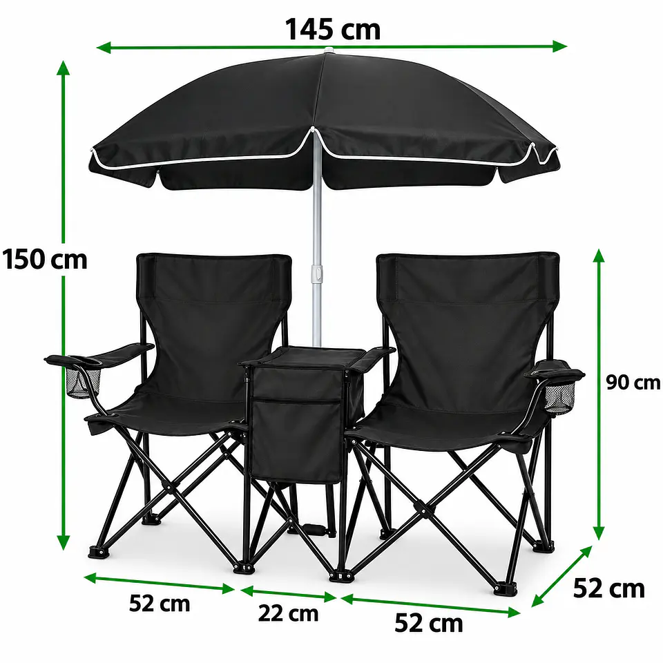 Set de 2 sillas plegables de camping negras con sombrilla y mesa 2