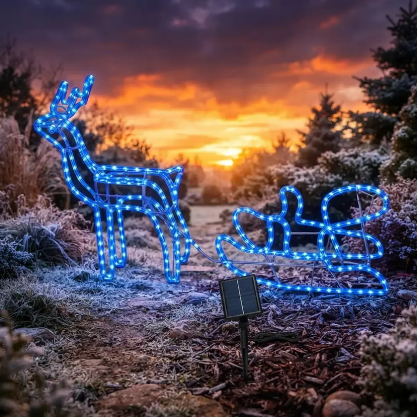Reno y trineo navideño LED azul solar 120 cm 4