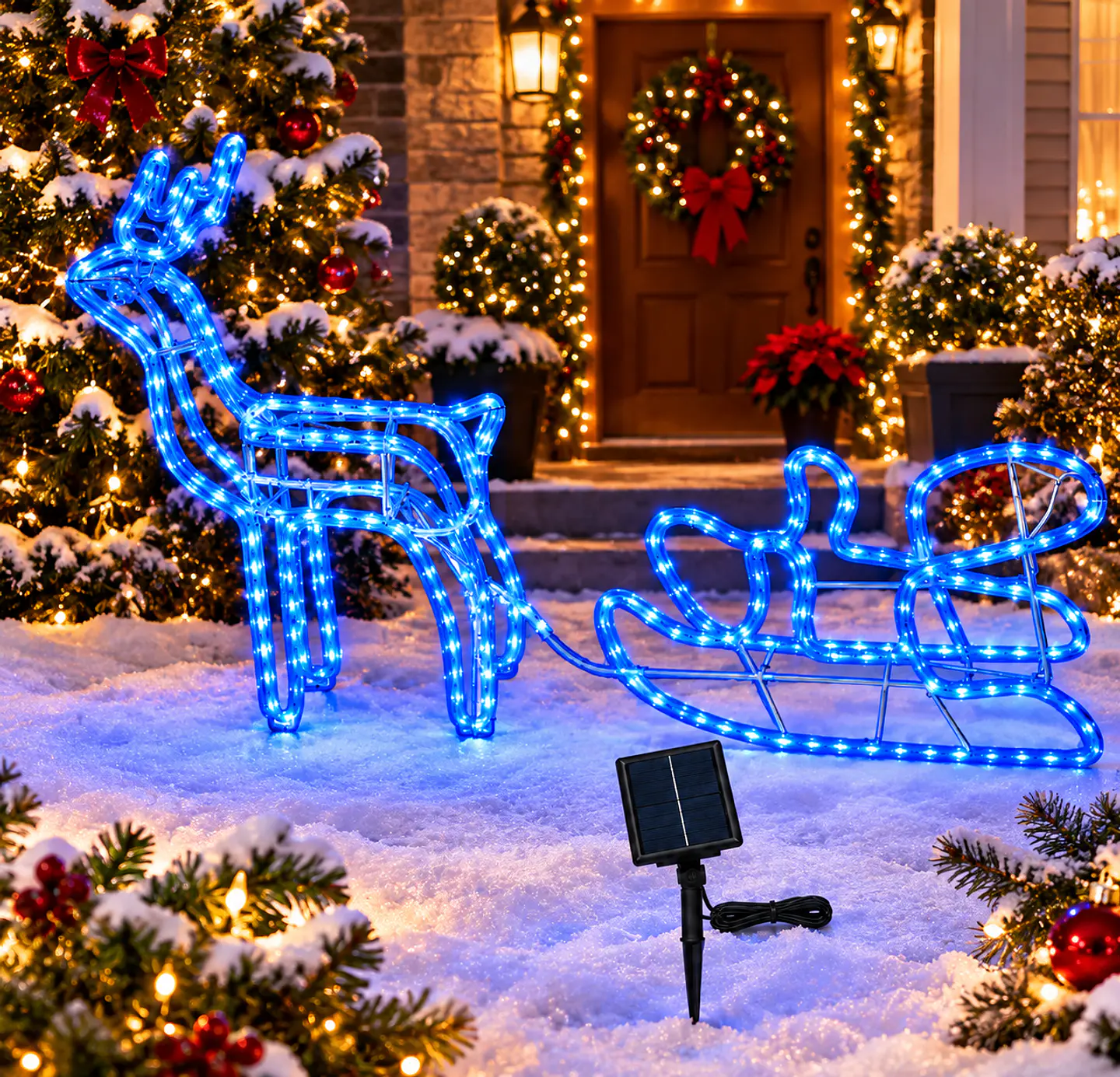 Reno y trineo navideño LED azul solar 120 cm 1
