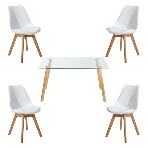 Comedor Mesa de Vidrio Nórdica 140x90 cm + 4 Sillas Tulip Blancas