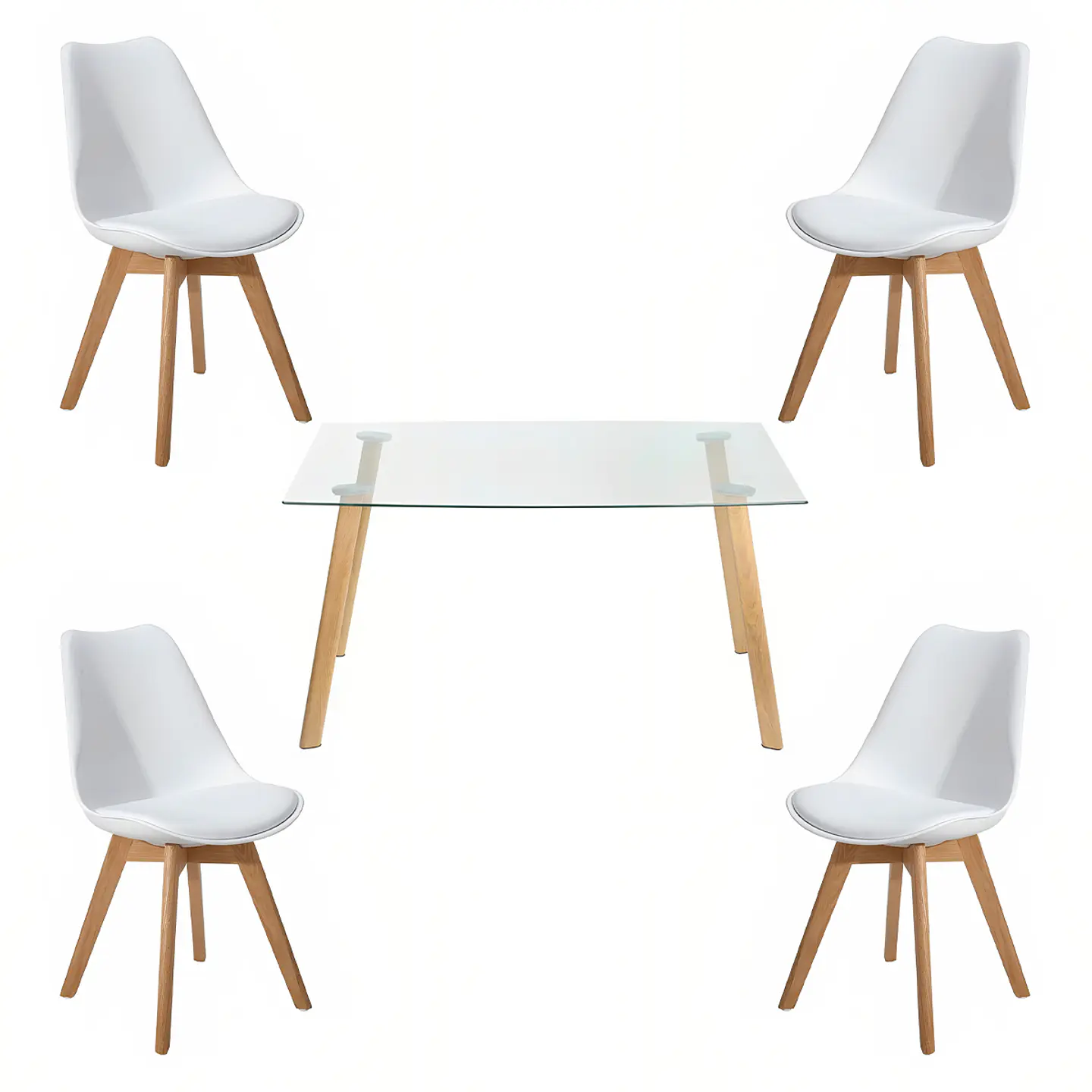 Comedor Mesa de Vidrio Nórdica 140x90 cm + 4 Sillas Tulip Blancas 1