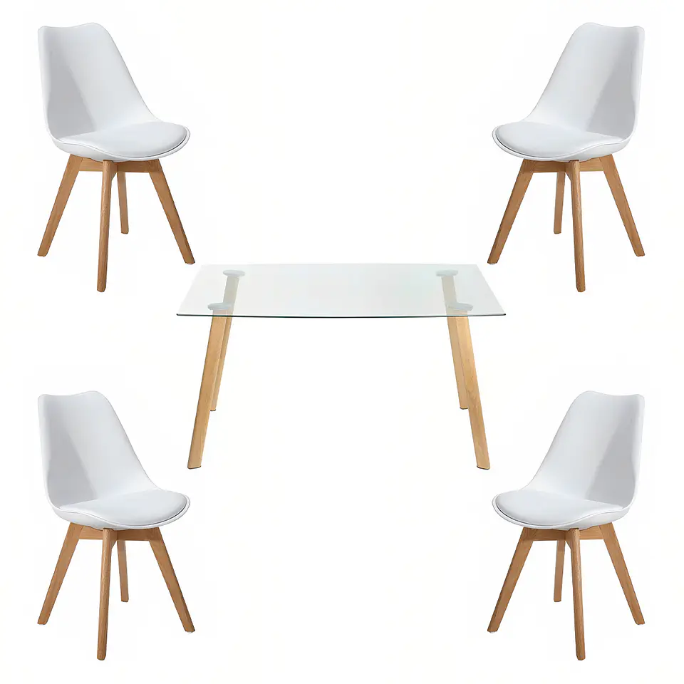 Comedor Mesa de Vidrio Nórdica 140x90 cm + 4 Sillas Tulip Blancas 1