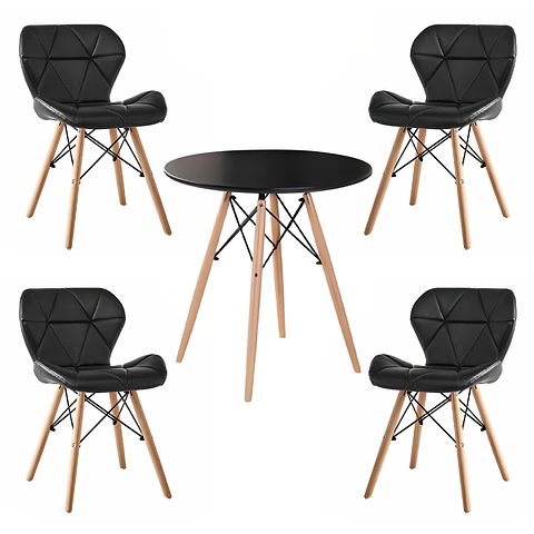 Comedor Mesa Redonda Negra 80cm + 4 Sillas Radar Negras