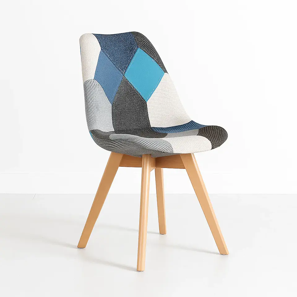 Silla Eames Patchwork Acolchada Tela Wood - Celeste 1