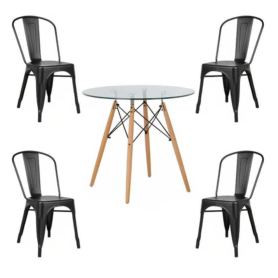 COMEDOR MESA REDONDA VIDRIO 80CM + 4 SILLAS TOLIX NEGRAS 1