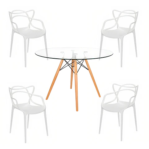 Comedor Mesa Eames Vidrio 80cm - 4 Sillas Master Blancas