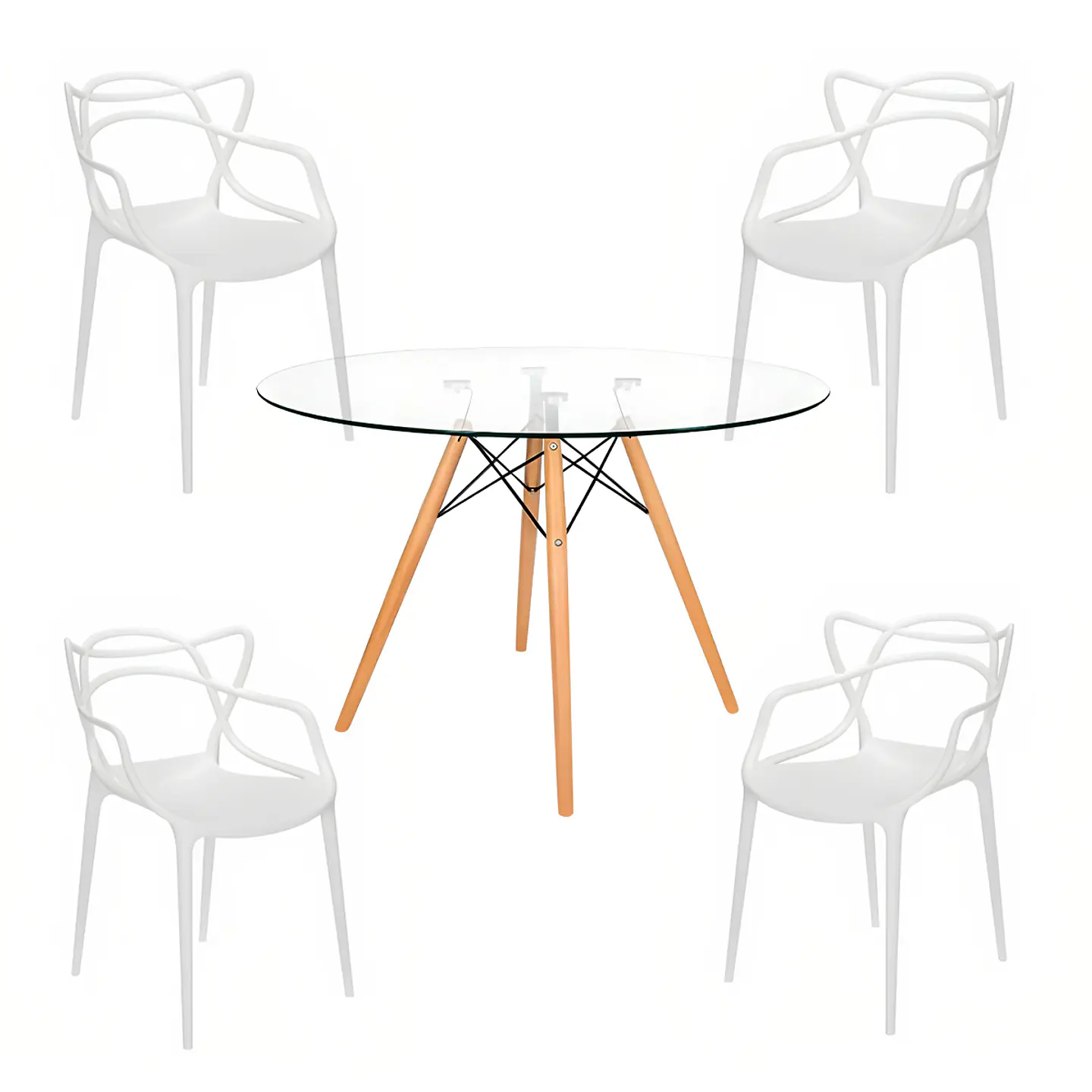 Comedor Mesa Eames Vidrio 80cm - 4 Sillas Master Blancas 1