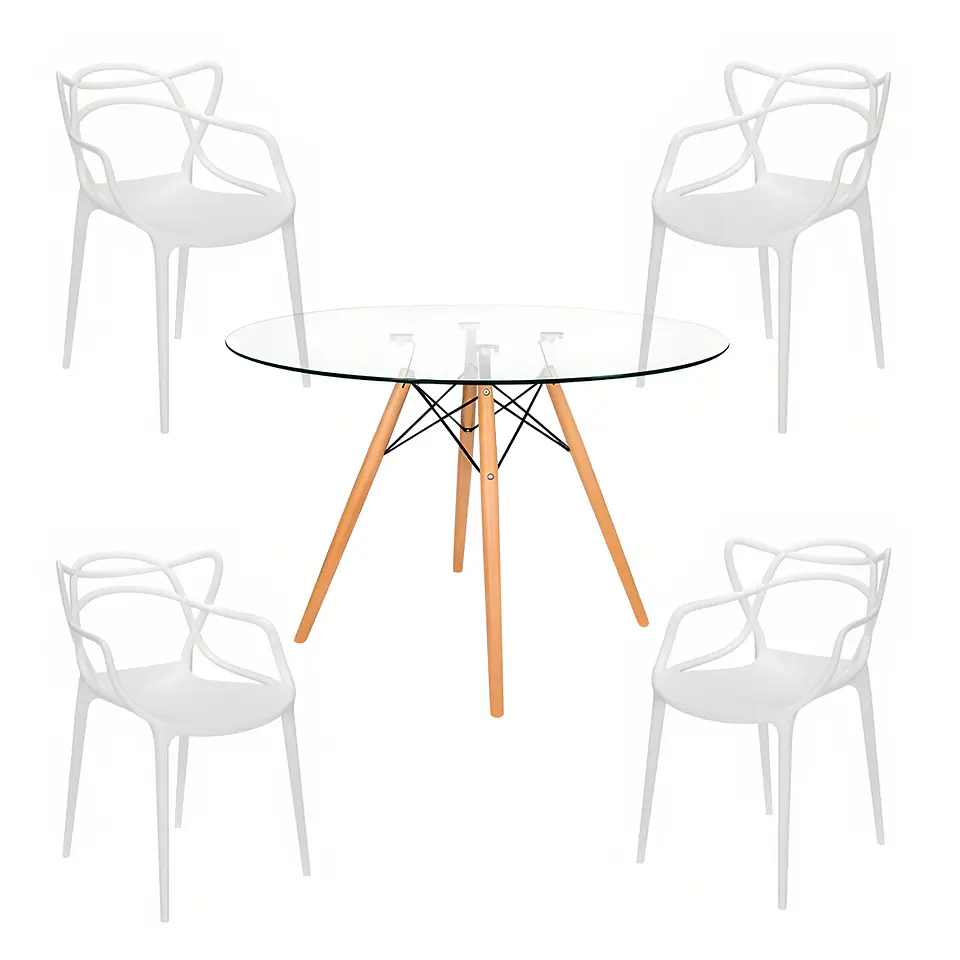 Comedor Mesa Eames Vidrio 80cm - 4 Sillas Master Blancas 1
