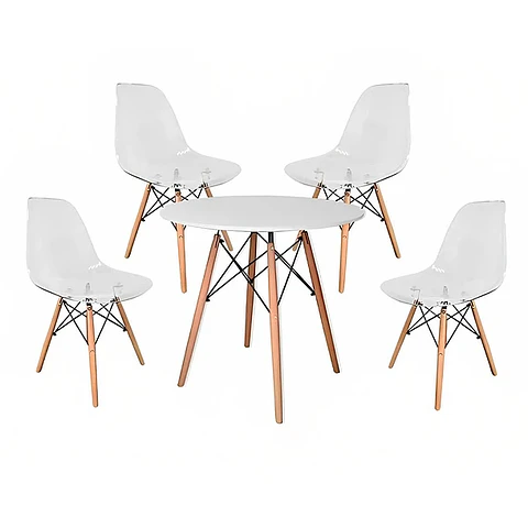 Comedor Mesa Eames Redonda Blanca 80cm + 4 Sillas Eames transparentes