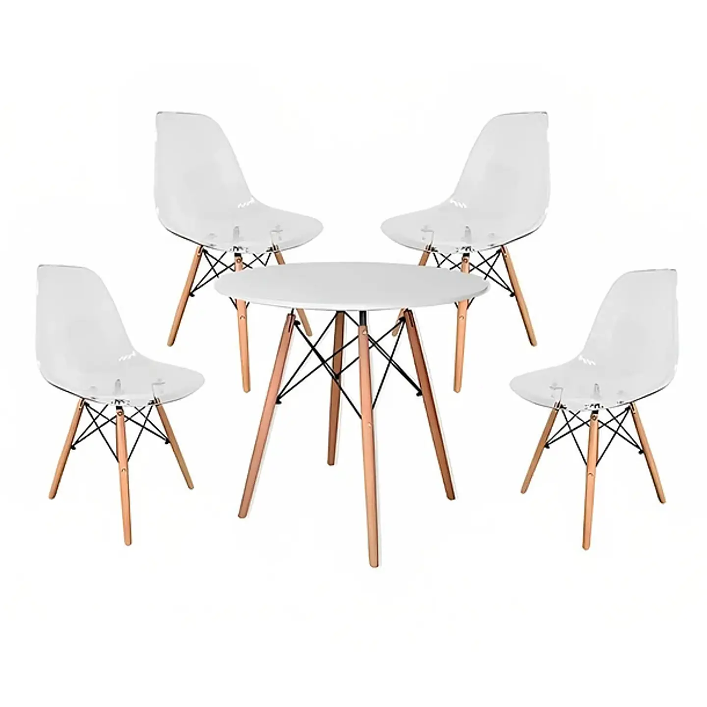Comedor Mesa Eames Redonda Blanca 80cm + 4 Sillas Eames transparentes 1