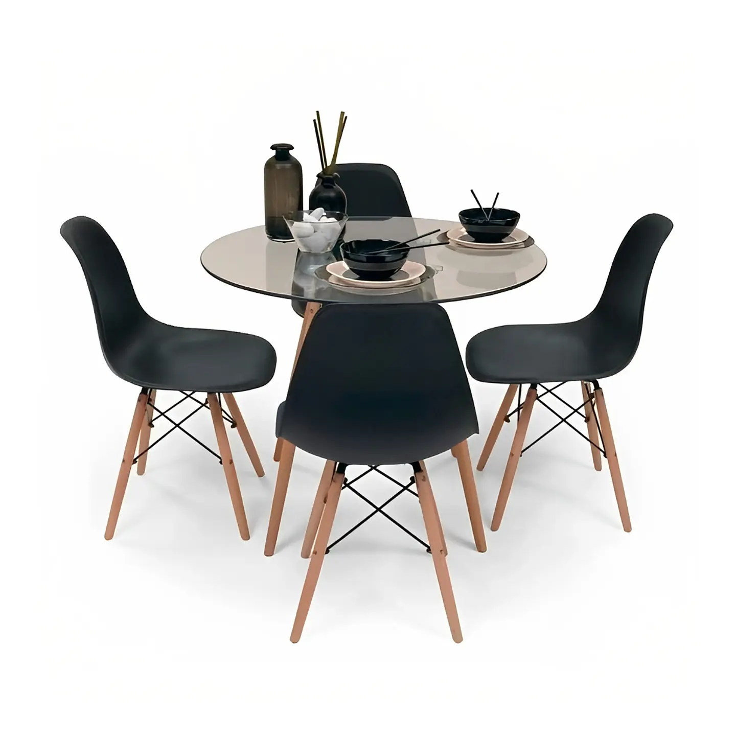 Comedor Mesa Eames Vidrio 80cm + 4 Sillas Eames Negras 1