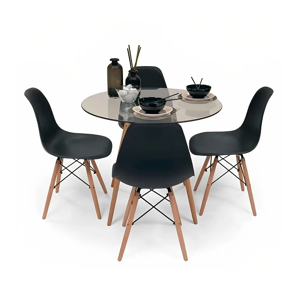 Comedor Mesa Eames Vidrio 80cm + 4 Sillas Eames Negras 1