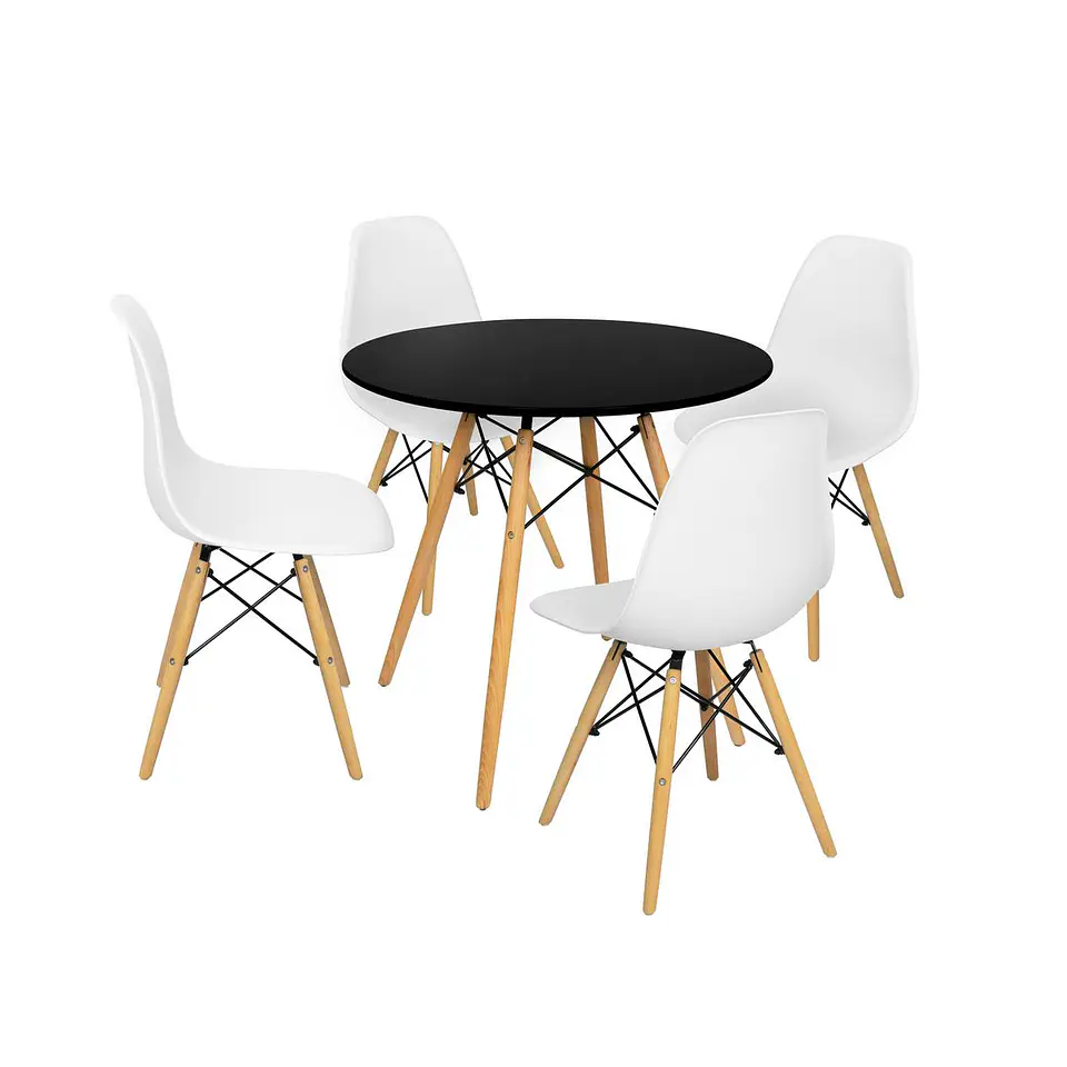 Comedor Mesa Eames Negra Redonda 80cm + 4 Sillas Eames Blancas 1