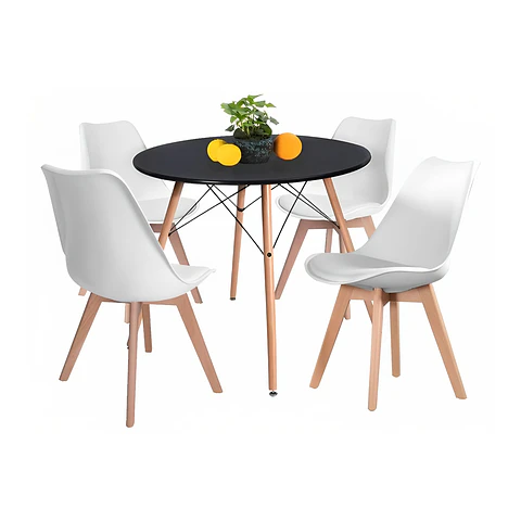 Comedor Mesa Eames Negra Redonda 80cm + 4 Sillas Tulip Blancas