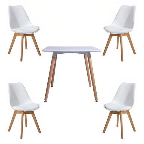 Comedor Mesa Cuadrada Blanca + 4 Sillas Tulip Acolchadas Blancas