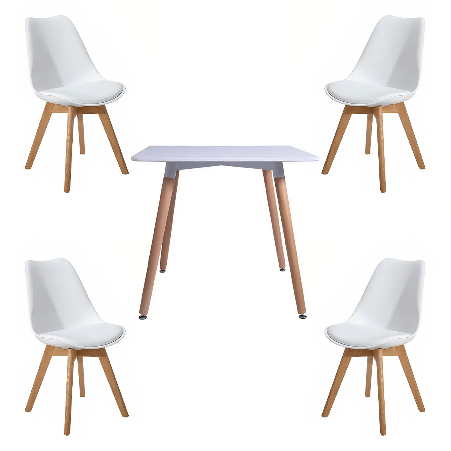 Comedor Mesa Cuadrada Blanca + 4 Sillas Tulip Acolchadas Blancas 1