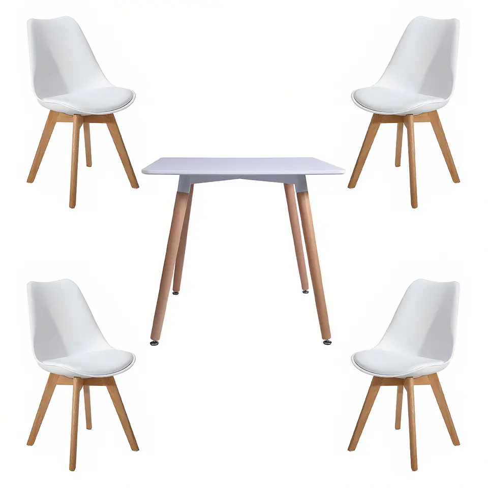 Comedor Mesa Cuadrada Blanca + 4 Sillas Tulip Acolchadas Blancas 1
