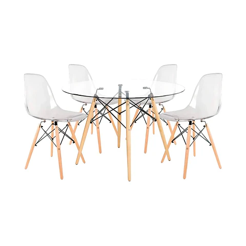 Comedor Mesa Eames de Vidrio 80cm - 4 Sillas Eames transparentes