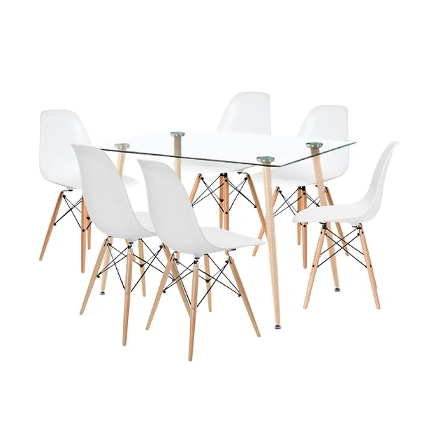 Comedor Mesa de Vidrio Rectangular 120x80 + 6 Sillas Eames Blancas 1