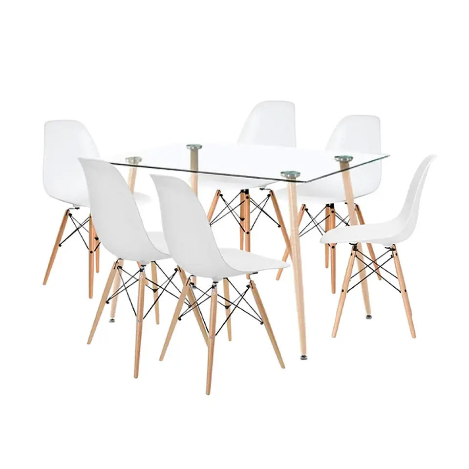 Comedor Mesa de Vidrio Rectangular 120x80 + 6 Sillas Eames Blancas 1