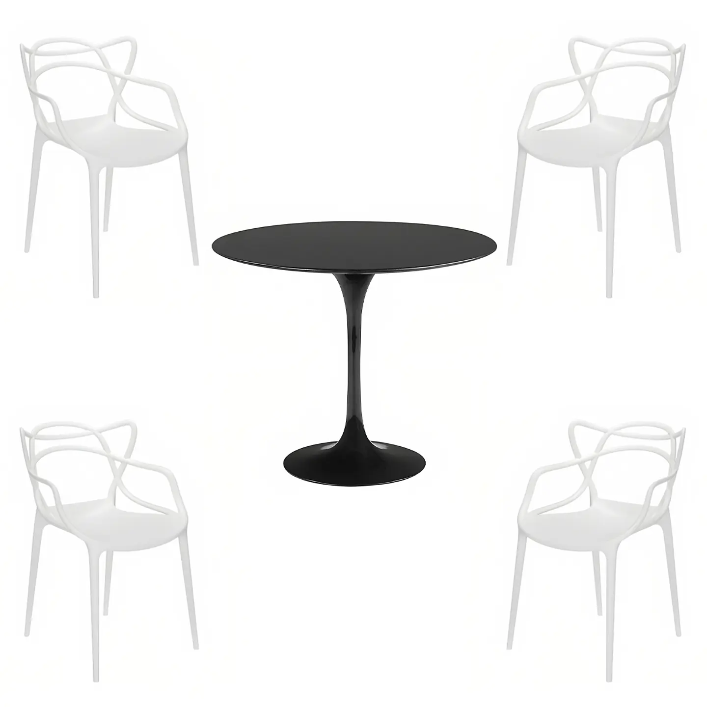 Comedor Tulip Negro 80cm - 4 Sillas Master blancas 1