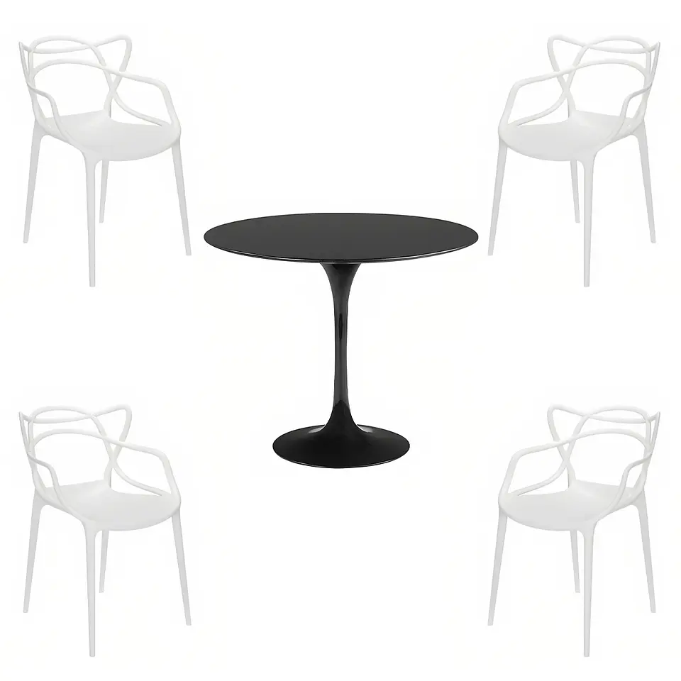 Comedor Tulip Negro 80cm - 4 Sillas Master blancas 1