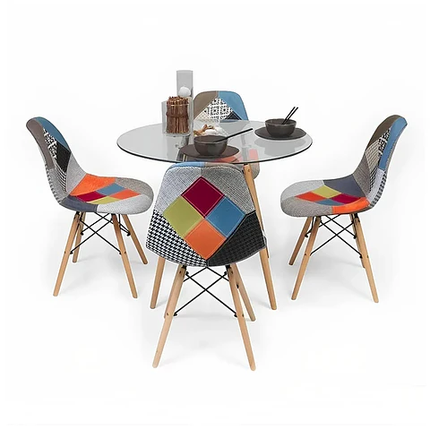Comedor Mesa Eames Vidrio 80cm + 4 Sillas Eames Patchwork Tradicionales