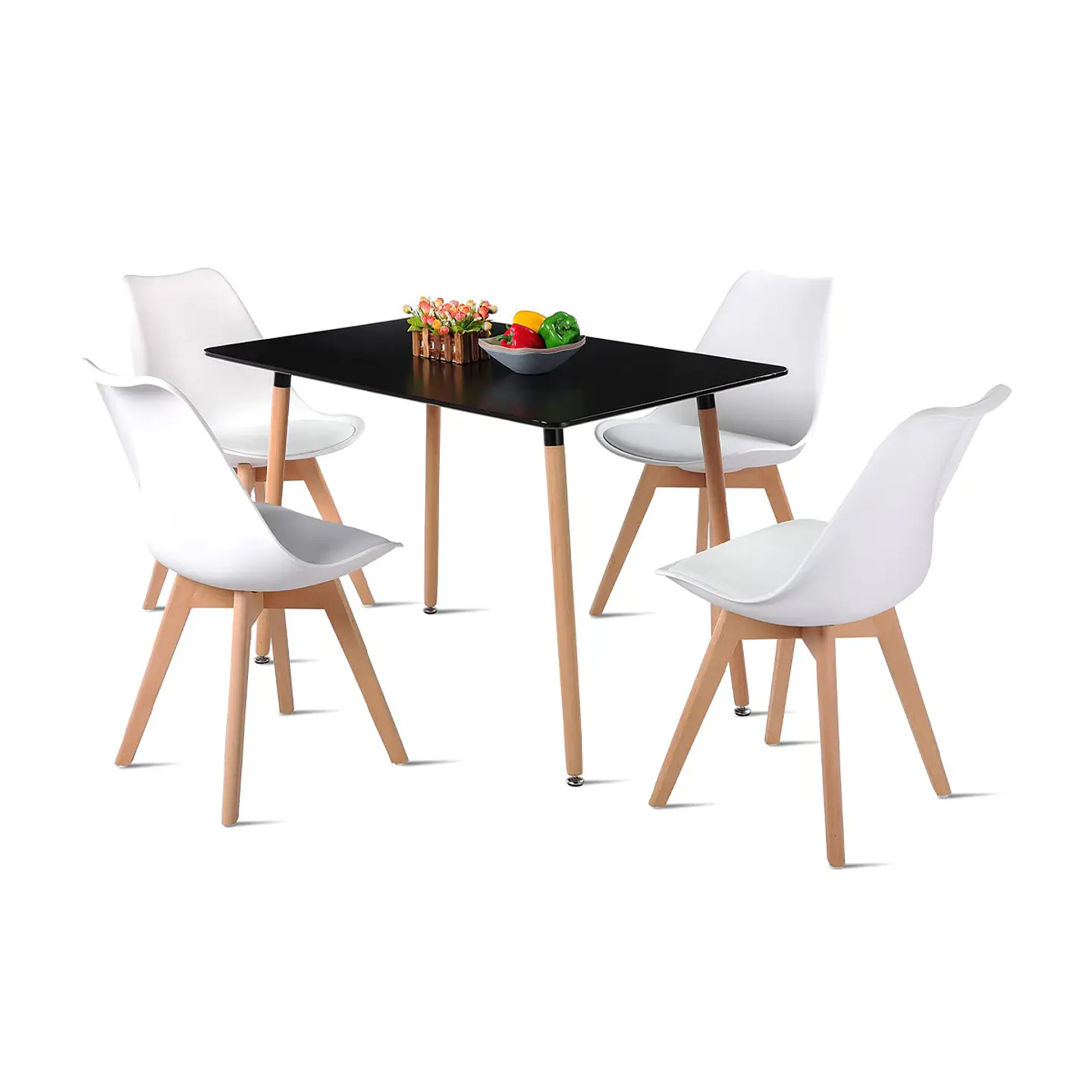 Comedor Mesa Rectangular Negra 120x80 + 4 Sillas Tulip Blancas 1