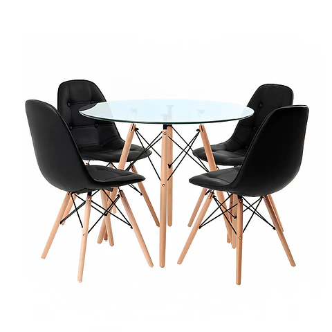 Comedor de Vidrio Redonda 100 cm + 4 Sillas Buckle Ecocuero Negras